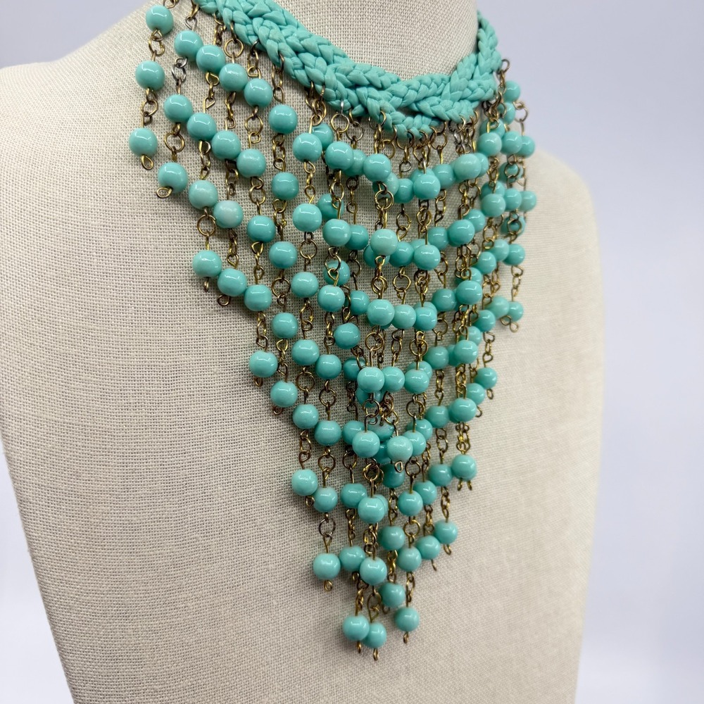 Turquoise Tone Blue Braided Statement Necklace Fringe Boho Festival Layer Gift - Picture 3 of 11